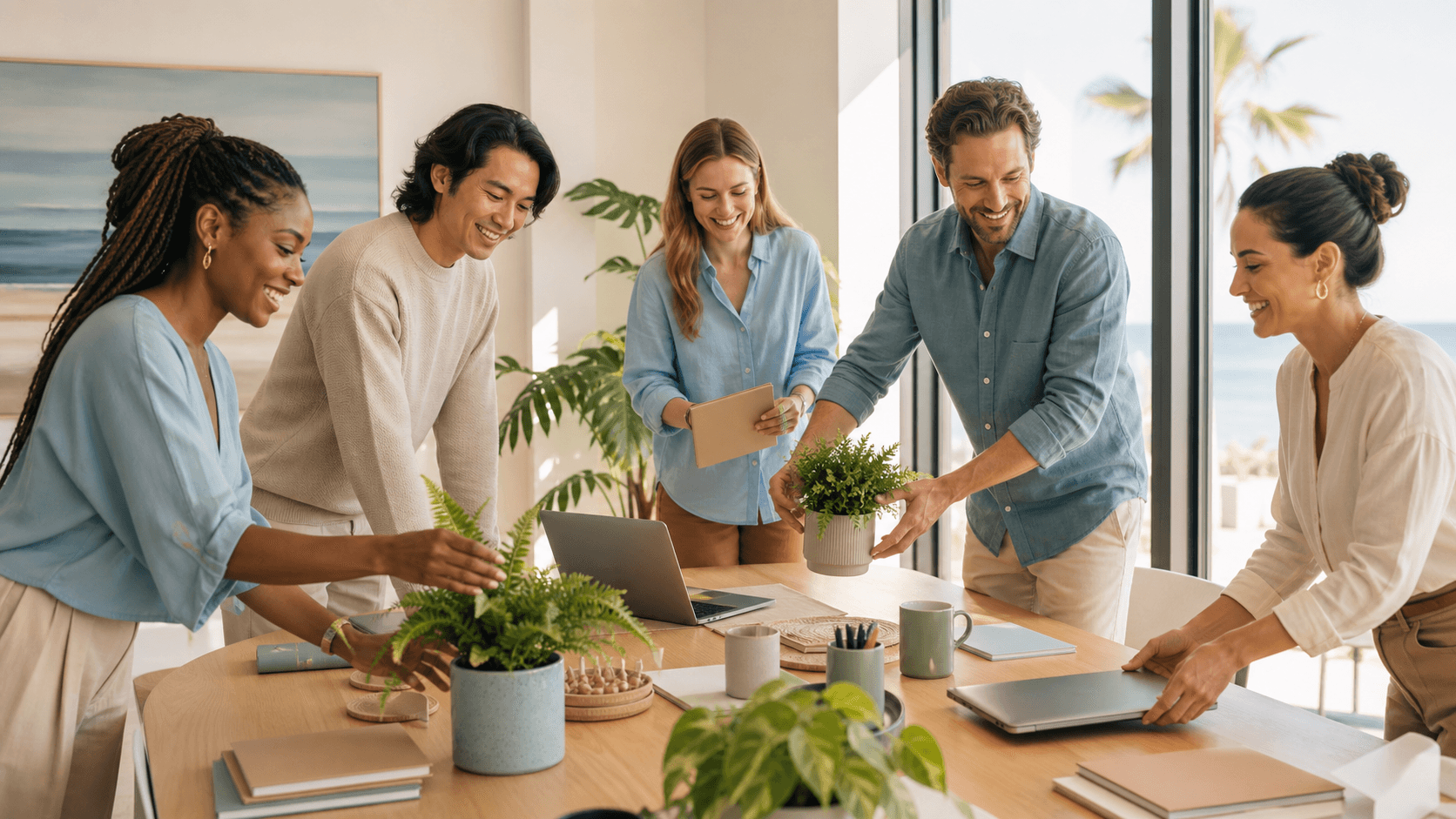 Sunlit modern office with diverse coworkers collaborating around a table, framed by warm autumn colors.