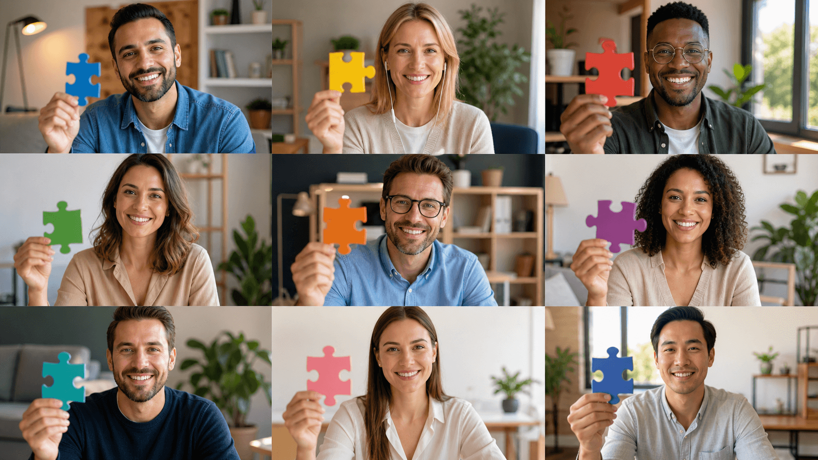 Laptop screen showing a video call grid of diverse coworkers against a bright blue background.
