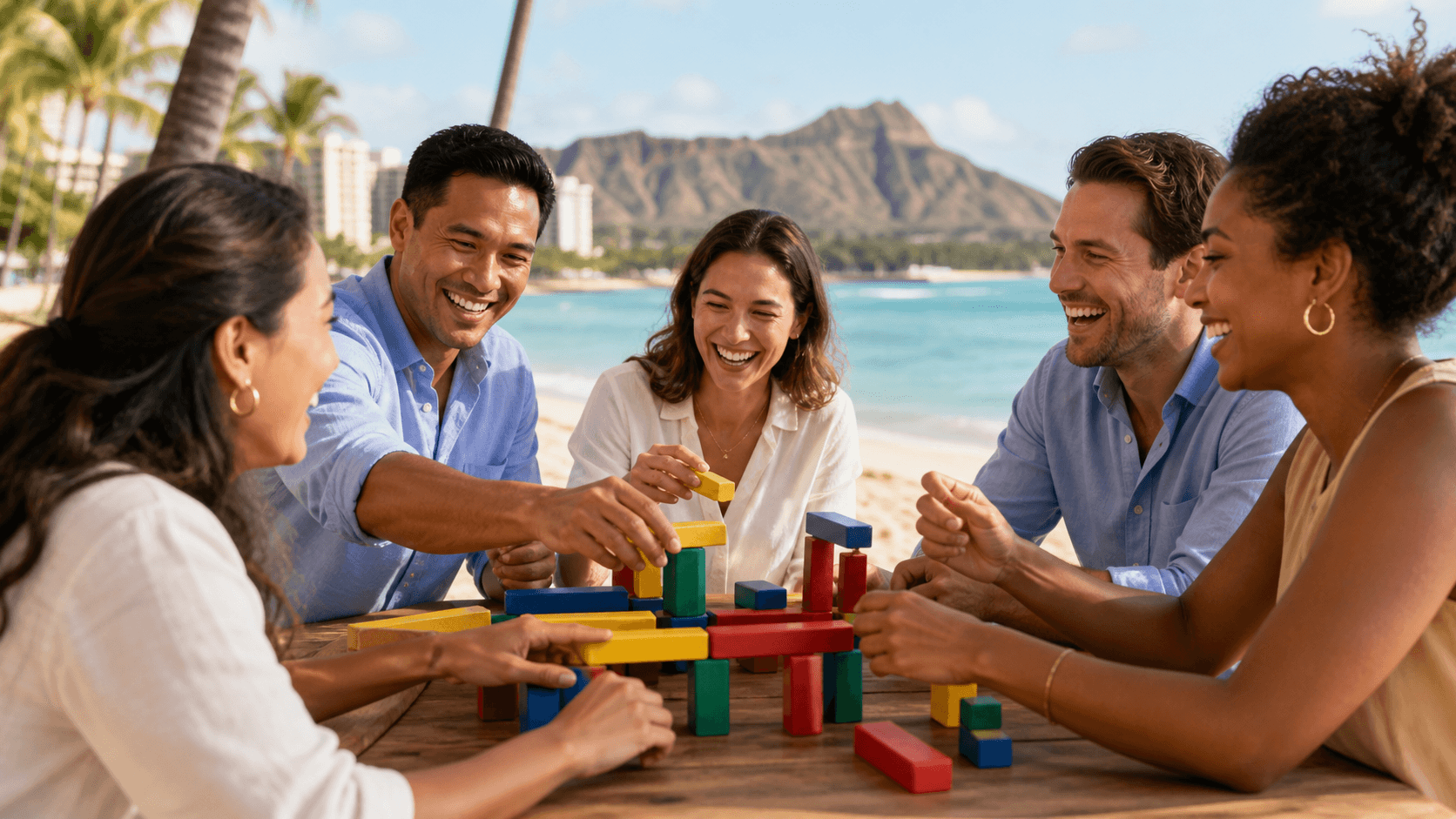 Colleagues in colorful casual clothes laugh together on a sunny Honolulu beach with palm trees and blue water.
