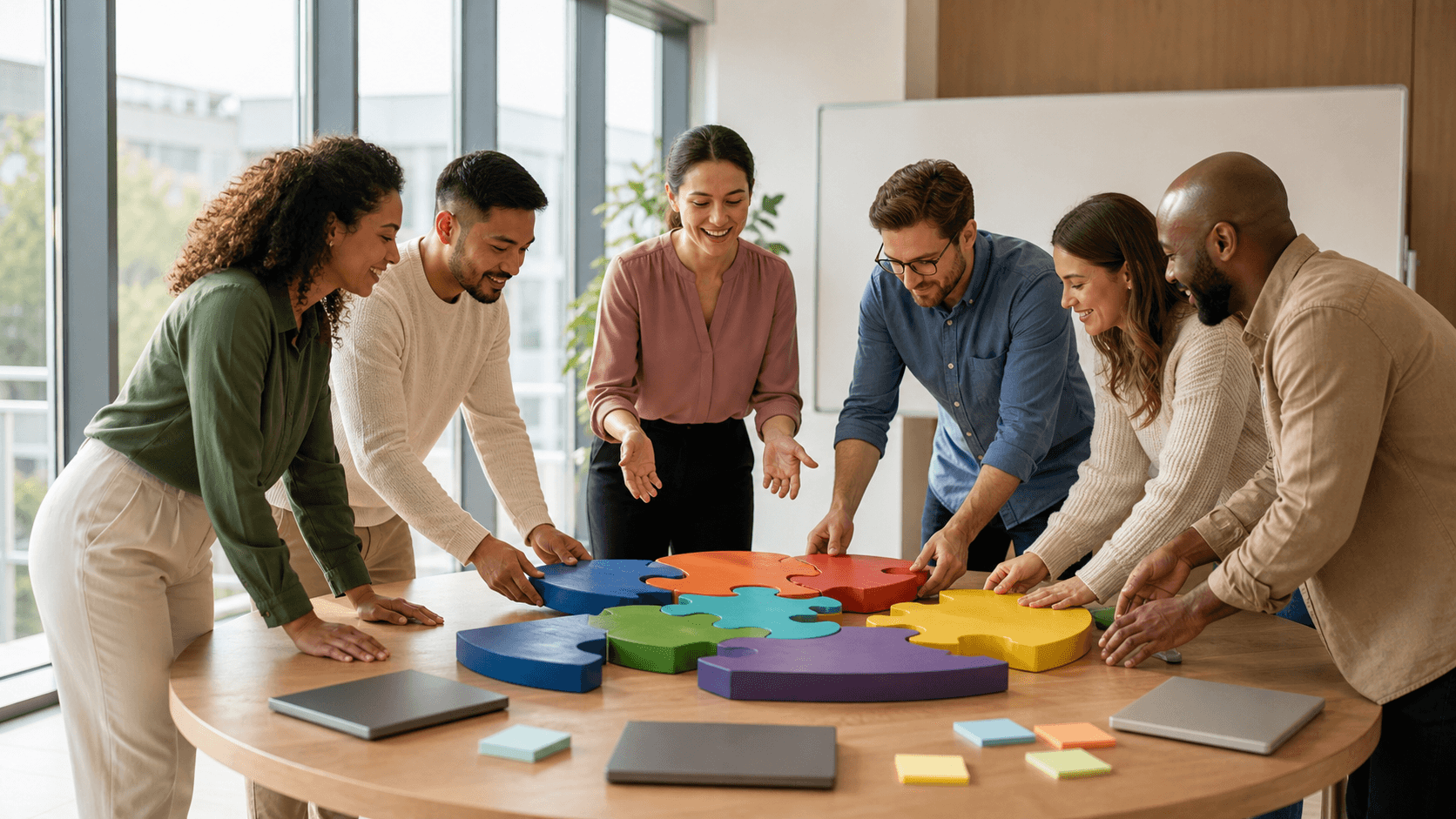 Diverse coworkers in a bright office circle, hands stacked in the center, warm light and colorful sticky notes behind.