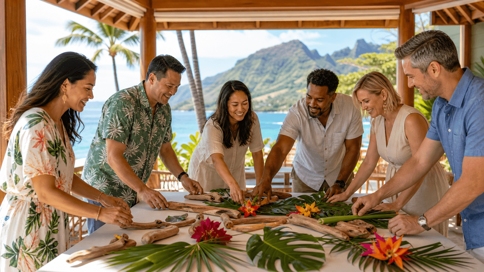Colleagues gather on a sunny Hawaiian beach, with palm trees, ocean waves, and golden autumn light.