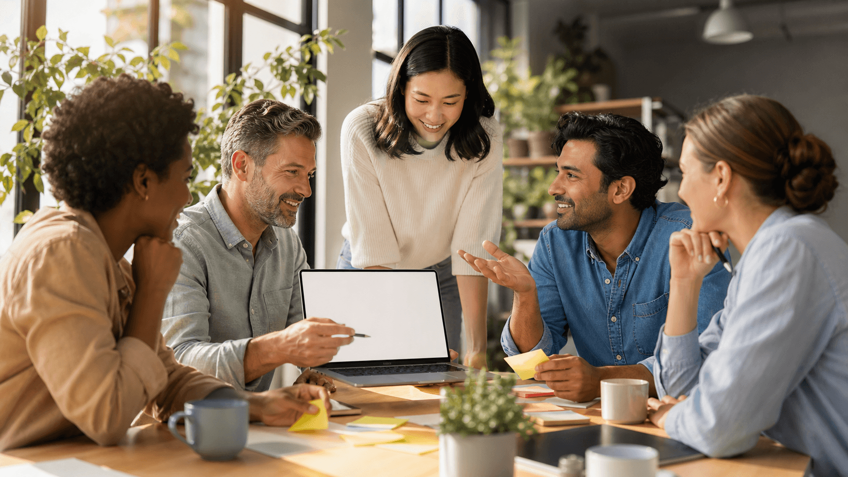 Diverse coworkers collaborate around a table with laptops, chat icons, and warm blue-orange lighting.
