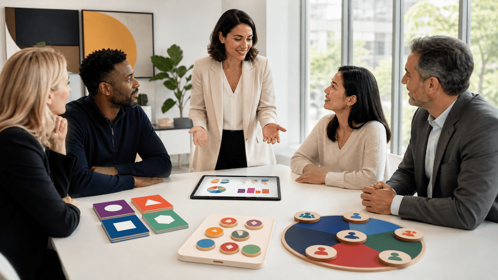 Split-screen graphic comparing colorful personality test charts, questionnaires, and profile icons on a clean white background.
