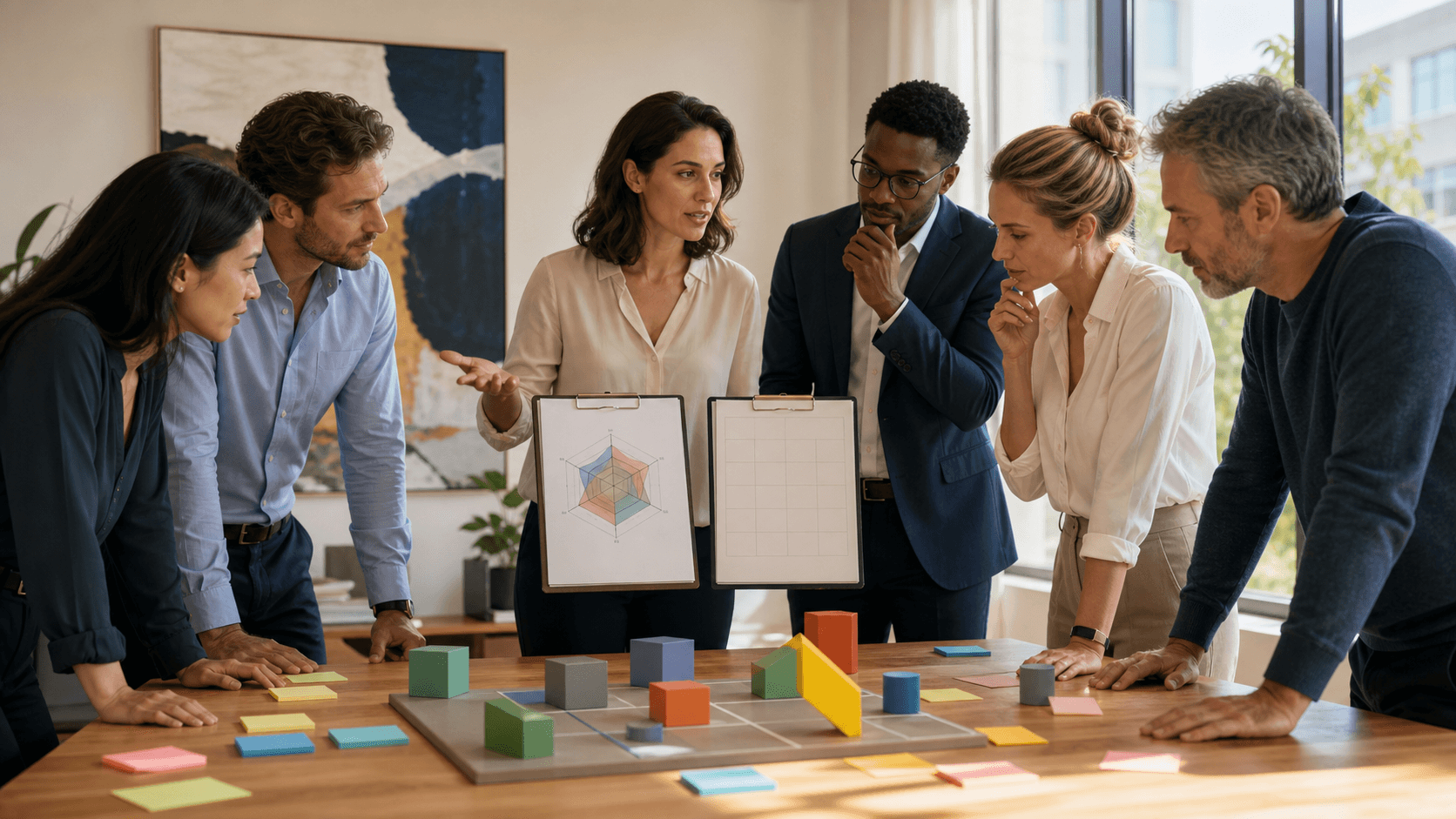 Flat illustration of a leader with a clipboard facing a confused team, muted blue background with bold text blocks.