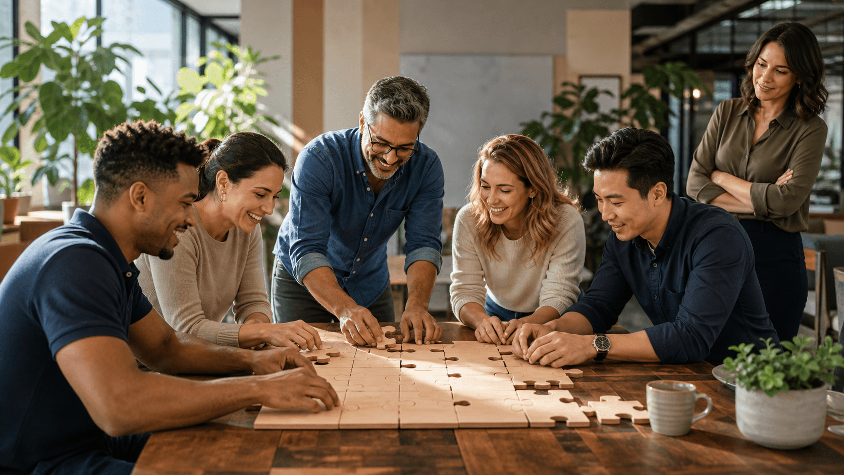 Office team around a conference table, with one person standing apart in cool blue lighting.