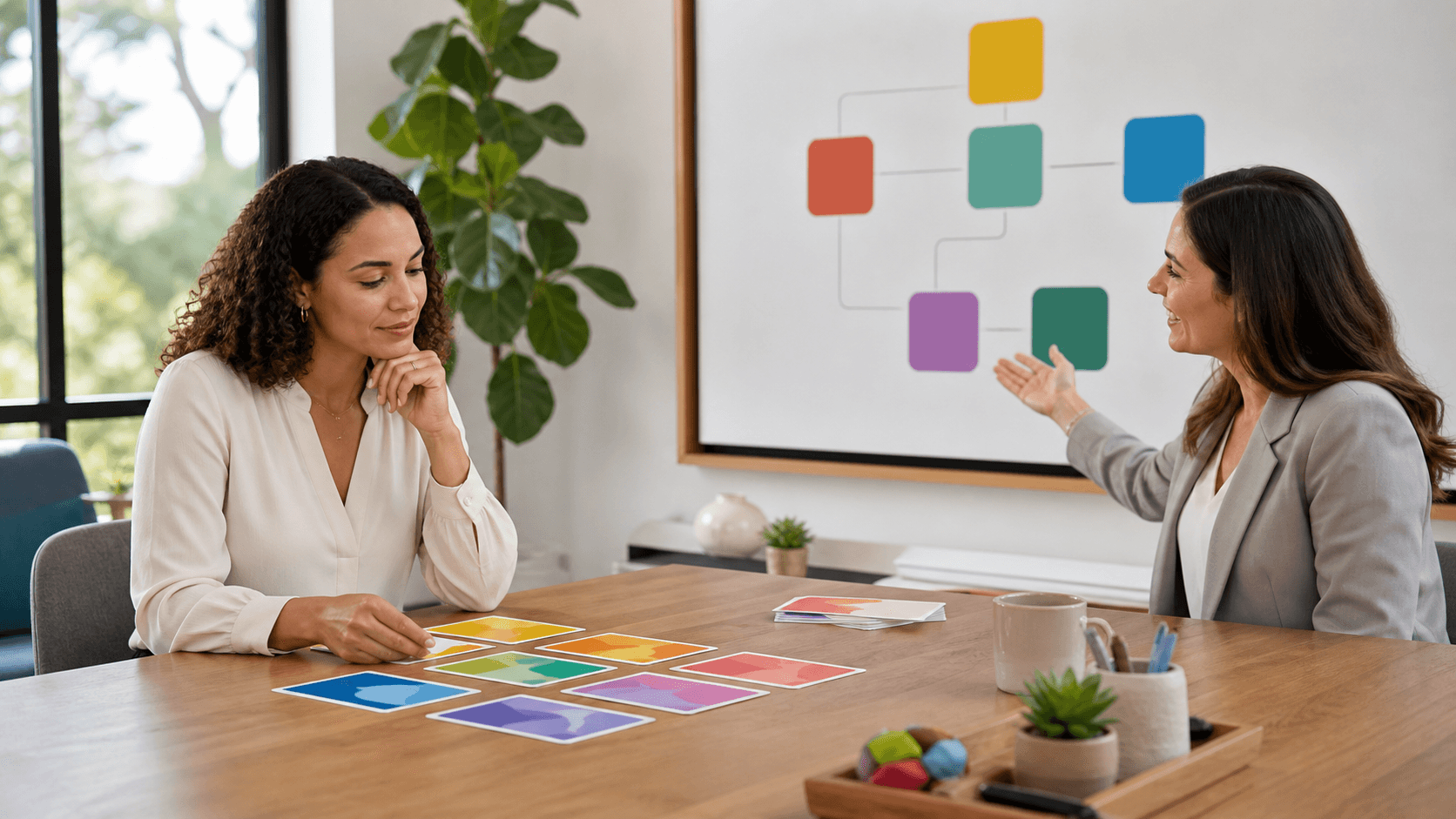 A puzzled woman studies a glowing personality chart with colorful abstract shapes on a dark blue background.